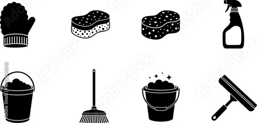 Collection of cleaning supplies icons including a mitt, sponges, spray bottle, bucket, broom, and squeegee