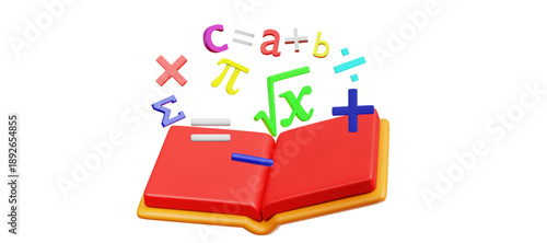 Mathematical symbols emerging from a red textbook, illustrating education and learning concepts in a simple illustration style
