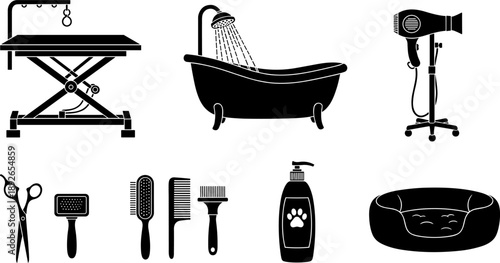 Collection of pet grooming tools and accessories for professional care