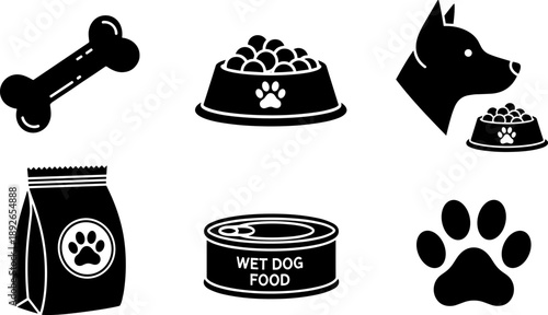 Collection of black dog care icons including food, bone, and paw print