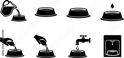 Set of icons illustrating different ways to fill a pet bowl with water