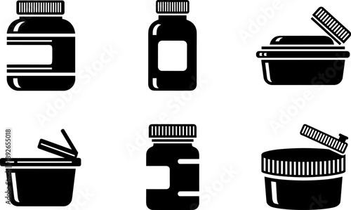 Collection of black icons representing various containers for pills, supplements, and medications
