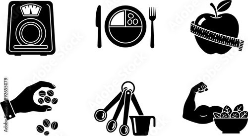 Healthy lifestyle icons: weight loss, balanced diet, fitness, and nutrition concepts