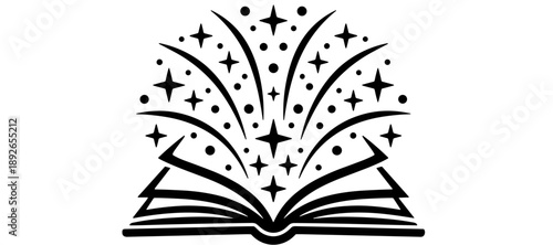 An open book with magical stars and sparks emerging from its pages, symbolizing knowledge and wonder