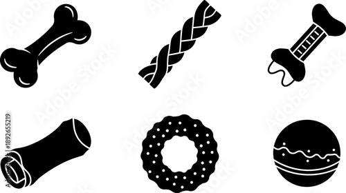 Collection of six different black silhouette dog chew toys on a white background
