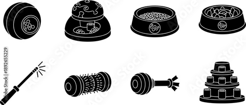 Collection of black silhouette icons representing various pet toys and feeding accessories