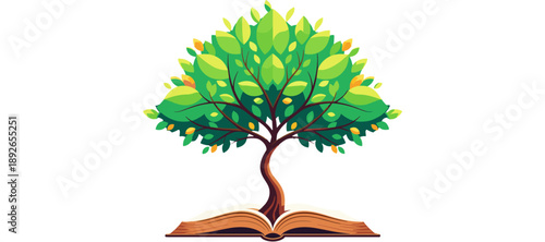 An open book with a tree growing out of it, symbolizing knowledge and nature, vector illustration, viewed from directly above