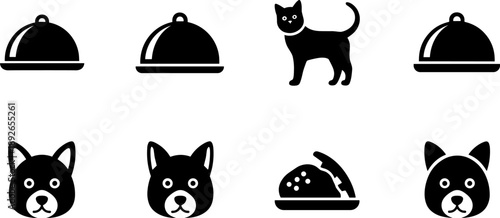 Collection of simple black icons representing pets and food service