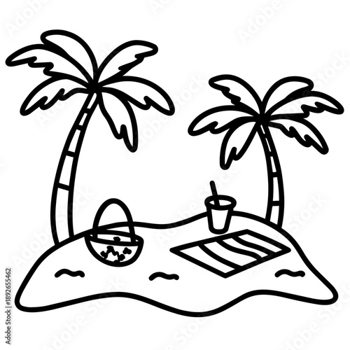 Cute Summer Life Doodle Activities hand drawn black and white outline