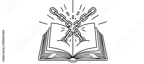 An open book with crossed swords illustration on a page, symbolizing knowledge and conflict, depicted in a simple line art style