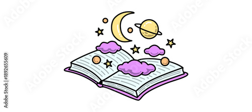 An open book with celestial elements and whimsical illustrations floating above its pages, depicting a magical scene