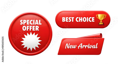 Red special offer badge with best choice and new arrival labels transparent background png