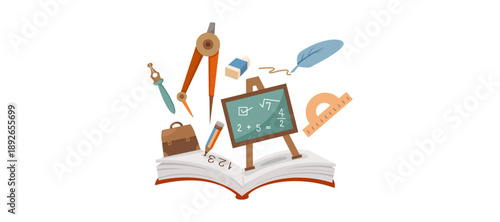 Learning scene with art supplies and books on a table viewed from above