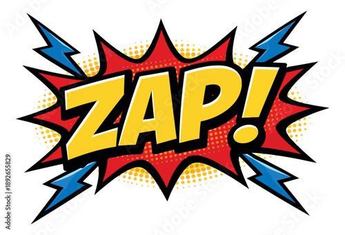 Comic pop art illustration of a sound effect bubble with the word Zap depicting energy and impact for graphic design
