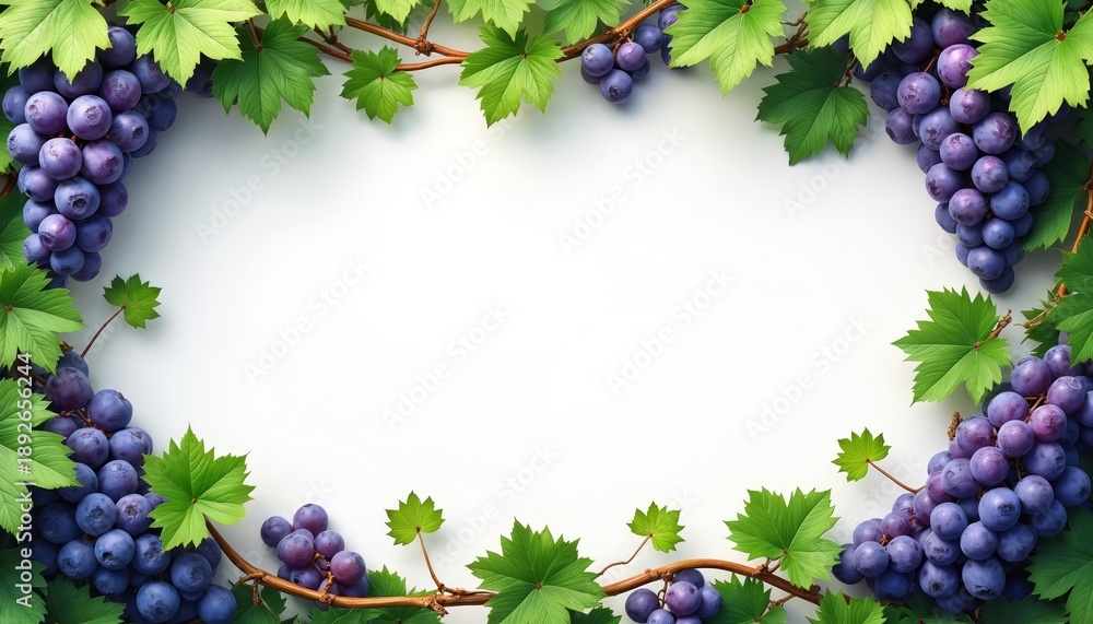 Fototapeta premium Purple grapes with green leaves form a border on a white background. This vine design is useful for food blogs wine labels and vineyard promotions.