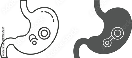 Medical icons depicting the human stomach illustrating digestive problems like ulcers or bacterial presence in two distinct graphic styles side by side
