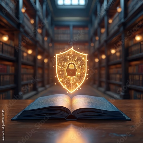 Open book with glowing digital shield and padlock icon above. Library background with shelves of books and warm lights. Digital security concept.