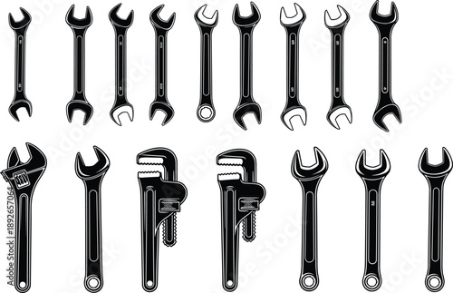 Black Wrench and Spanner Vector Silhouettes Set Isolated on White Background for Mechanic Repair and Construction