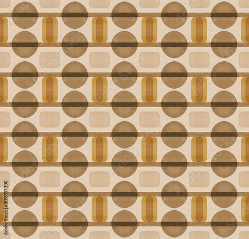 Abstract mid-century geometrical background, retro style seamless pattern in beige and black tones
