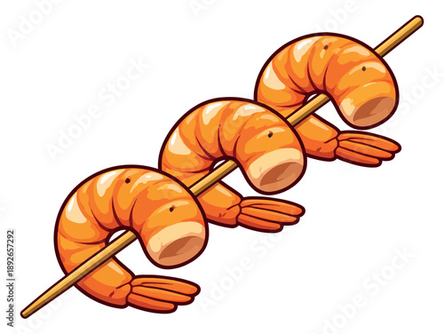 Cartoon illustration of shrimp skewers depicting cooked prawns for a seafood menu