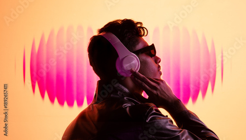 Photos Vibrant mixed media portrait man enjoying music with pink sound waves