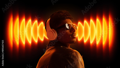 Bild auf Leinwand Dynamic design portrait of man with headphones and orange sound waves