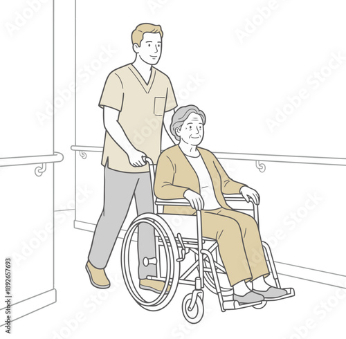 介護士が車椅子の高齢女性を廊下でサポートするイラスト