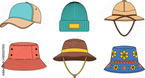Collection of six isolated flat vector headwear illustrations featuring baseball cap beanie safari and bucket hats for seasonal trendy clothing design