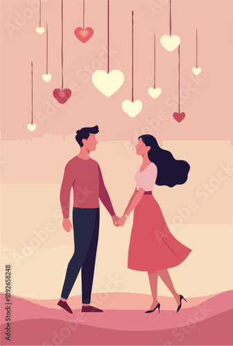 Romantic Sunset Couple Under Hanging Hearts