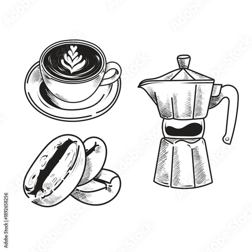 Hand drawn coffee illustration with cup, moka pot and coffee beans