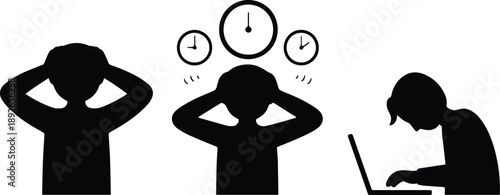 Stressed Human Silhouettes Facing Deadline Pressure Flat Vector