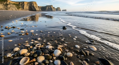 Serene beach scene with smooth rocks and pebbles on wet sand, gentle waves washing ashore, with cliffs and blue sky in the background, conveying a peaceful atmosphere.