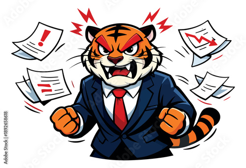 Cartoon illustration of an angry tiger in a business suit depicting frustration and anger with flying documents for corporate stress and financial downturns