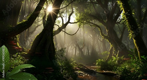 Misty forest scene with sunlight filtering through trees, casting dappled shadows on forest floor with lush greenery and moss-covered trunks, evoking a serene and mystical atmosphere.