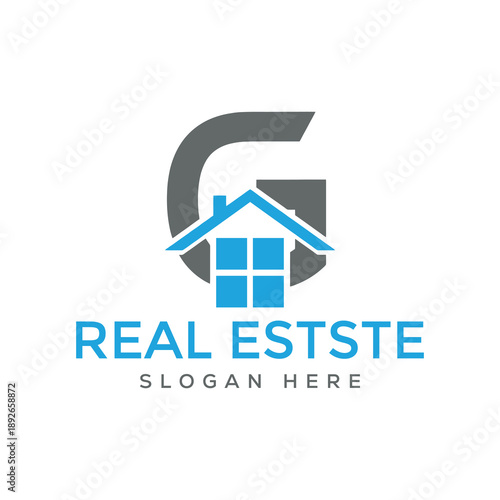 Modern Real Estate Logo with House Icon and Bold 'G' Initial, Blue and Gray Color Scheme, Commercial Property Concept