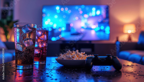 Postazione da gioco con controller, popcorn e bibite ghiacciate davanti alla TV accesa. Generative AI 