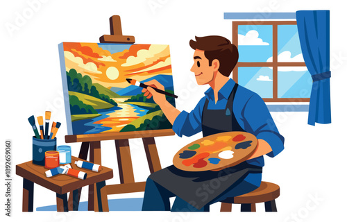 Modern flat illustration of a male artist depicting himself painting a vibrant landscape for art and creativity