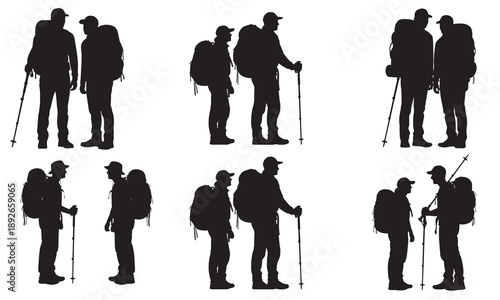 Group of hiker silhouettes with backpacks and trekking poles, various poses