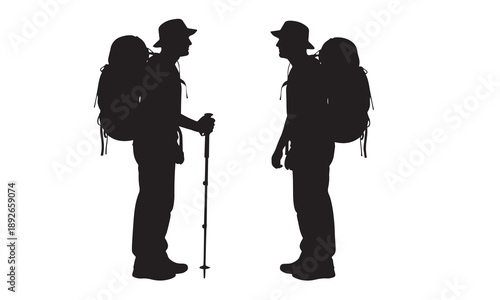 Silhouette of two hikers with backpacks and trekking poles, isolated on white
