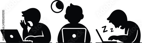 3 Human Silhouettes Working Late at Night Flat Vector