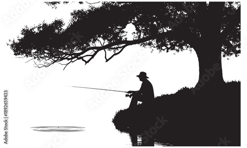 Silhouette of a fisherman casting a line into the water from the shore under a tree