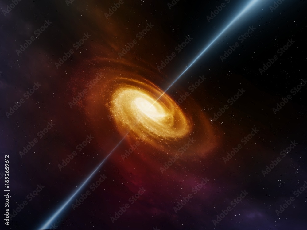 Obraz premium Quasar with an active core that absorbs matter. Galaxy with energetic jets in space. Singularity in a star system.