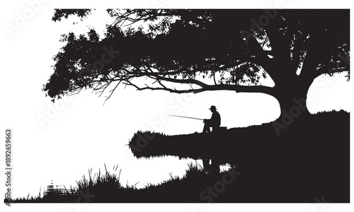 Silhouette of a man fishing patiently by a calm lake under a large tree's shade