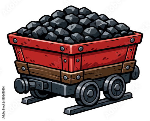 Cartoon illustration of a mine cart depicting coal for mining industry