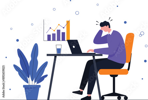 Stressed businessman working at desk with laptop and financial chart showing growth analysis and workplace pressure concept.