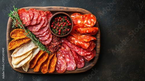 Salami, cheese, bread and spices on a wooden board with bright accents of greens and berries form an appetising composition that will serve as an excellent backdrop  