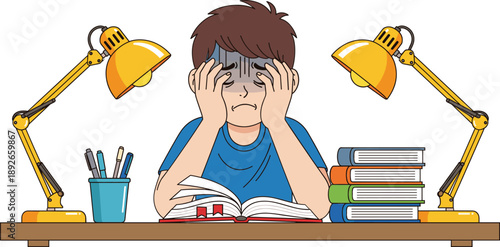 Stressed student studying at desk with books and lamps, exam pressure and education burnout concept illustration.