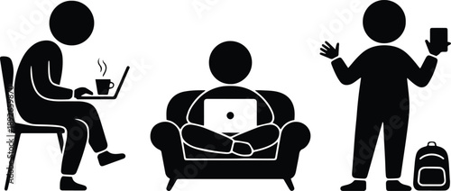 3 Human Silhouettes Freelancing and Working Remotely Flat Vector