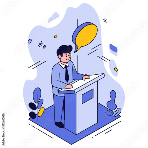 Male speaker delivering speech at podium