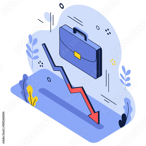 Economic recession illustration with downward graph and briefcase